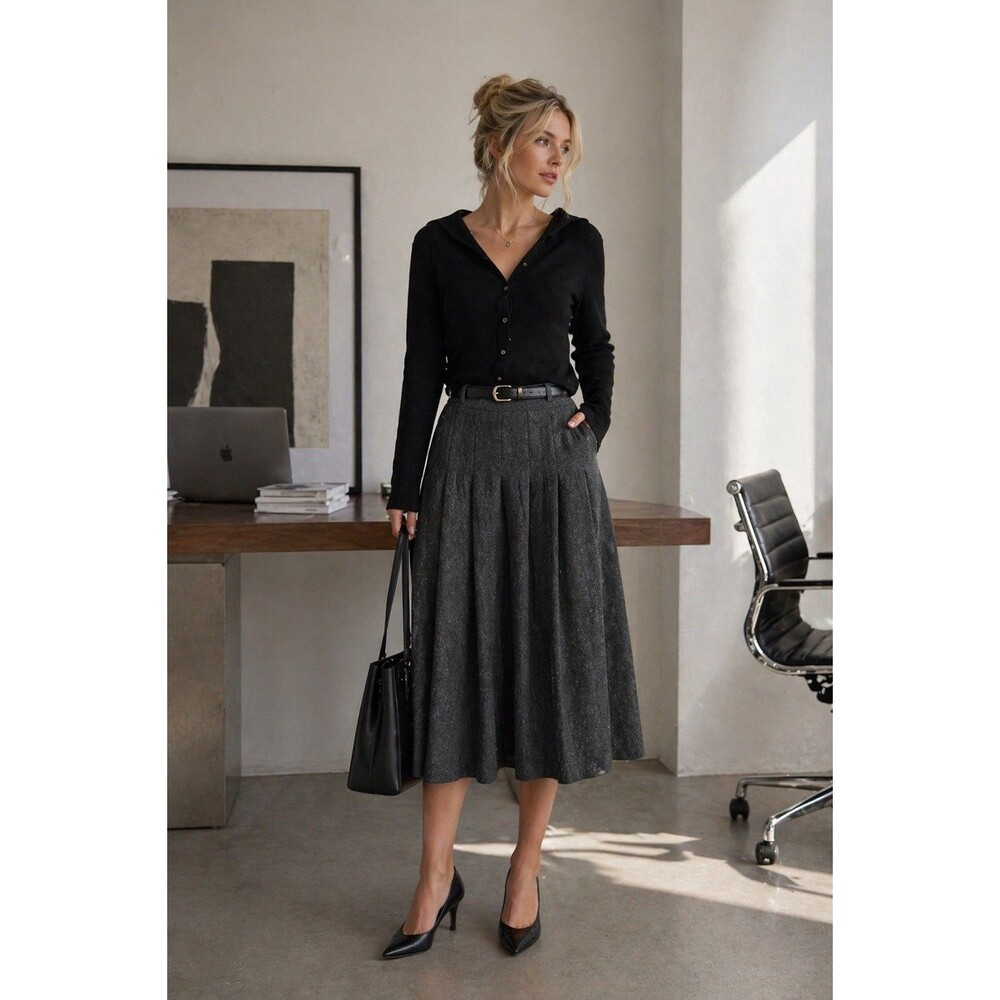 Vintage Gray Wool Pleated Midi Skirt Womens Size 8 Made in USA A-Line Full